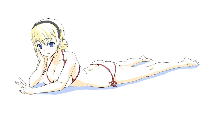 1girl bikini blonde_hair blue_eyes braid breasts butt_crack chin_rest cleavage commentary gonzui_(hojo) hairband highres lying on_stomach open_mouth rosalie_de_hemricourt_de_grunne side-tie_bikini solo source_request strike_witches swimsuit