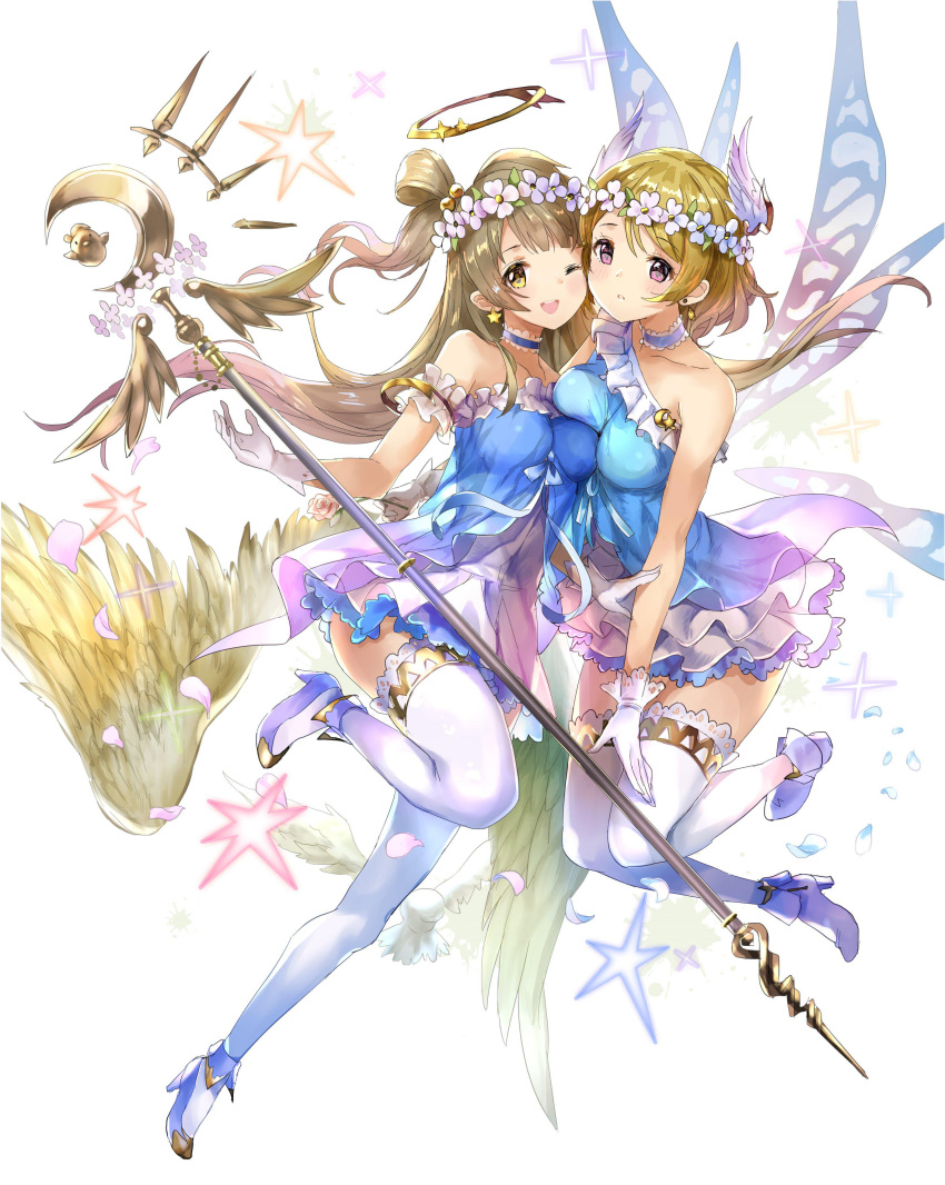 2girls 77gl ;d absurdres asymmetrical_docking bare_shoulders blonde_hair blush breast_press breasts brown_eyes brown_hair cheek-to-cheek choker dress earrings fairy_wings feathered_wings gloves head_wreath high_heels highres jewelry jpeg_artifacts koizumi_hanayo large_breasts leg_up long_hair looking_at_viewer love_live!_school_idol_project minami_kotori multiple_girls one_eye_closed one_side_up open_mouth parted_lips simple_background sleeveless sleeveless_dress smile sparkle staff star star_earrings thigh-highs violet_eyes white_background white_gloves white_legwear white_wings wings yume_no_tobira zettai_ryouiki