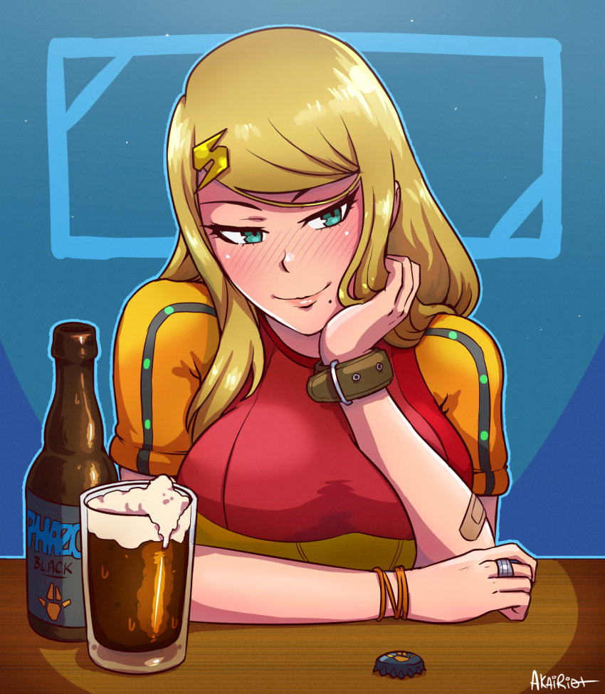 1girl adapted_costume akairiot alcohol bandaid bangs beer blonde_hair blue_eyes blush bottle bottle_cap bracelet breasts casual chin_rest full-face_blush glass hair_ornament hairclip highres jewelry large_breasts light_smile lips long_hair metroid mole mole_under_mouth nintendo revision ring samus_aran solo wine_bottle