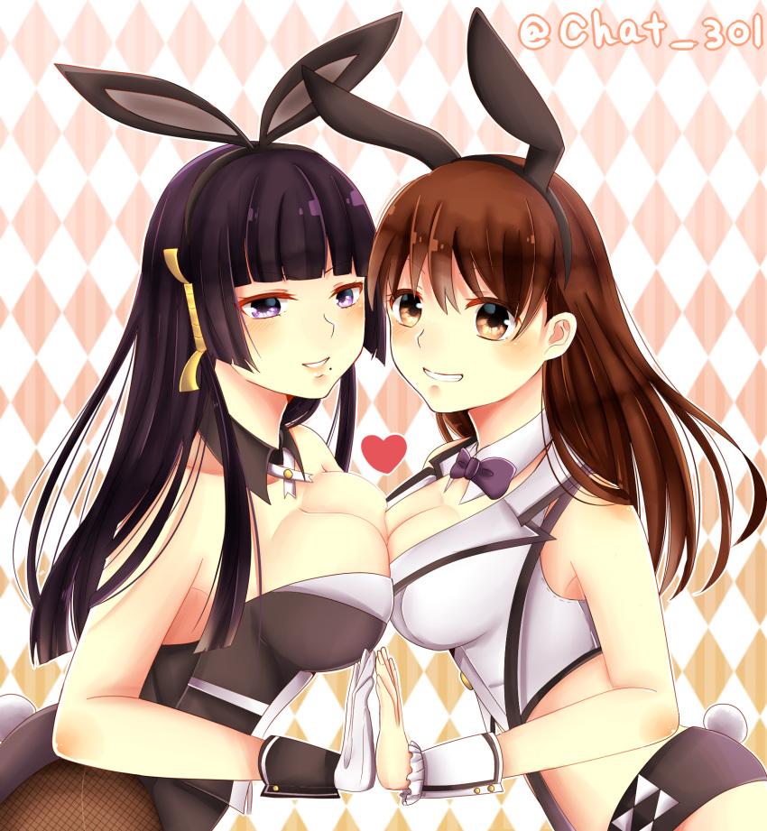 2girls animal_ears black_hair black_legwear bowtie breast_press breasts brown_eyes brown_hair bunny_tail bunnysuit cleavage dead_or_alive dead_or_alive_5 detached_collar fake_animal_ears fishnet_pantyhose fishnets gloves grin hair_ornament hairband highres large_breasts lei_fang leotard lips long_hair midriff mirein_(chat) mole mole_under_mouth multiple_girls nyotengu pantyhose rabbit_ears shorts smile suspenders symmetrical_docking tail violet_eyes white_gloves wrist_cuffs
