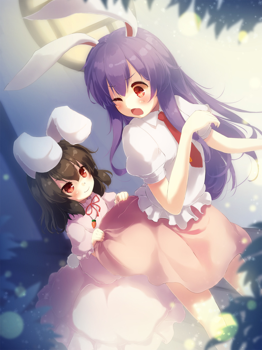 2girls animal_ears bent_over blush brown_hair bunny_tail carrot dress gengetsu_chihiro highres inaba_tewi jewelry long_hair multiple_girls necklace necktie one_eye_closed open_mouth pendant pink_dress puffy_short_sleeves puffy_sleeves purple_hair rabbit_ears red_eyes reisen_udongein_inaba shirt short_hair short_sleeves skirt skirt_lift smile tail touhou very_long_hair