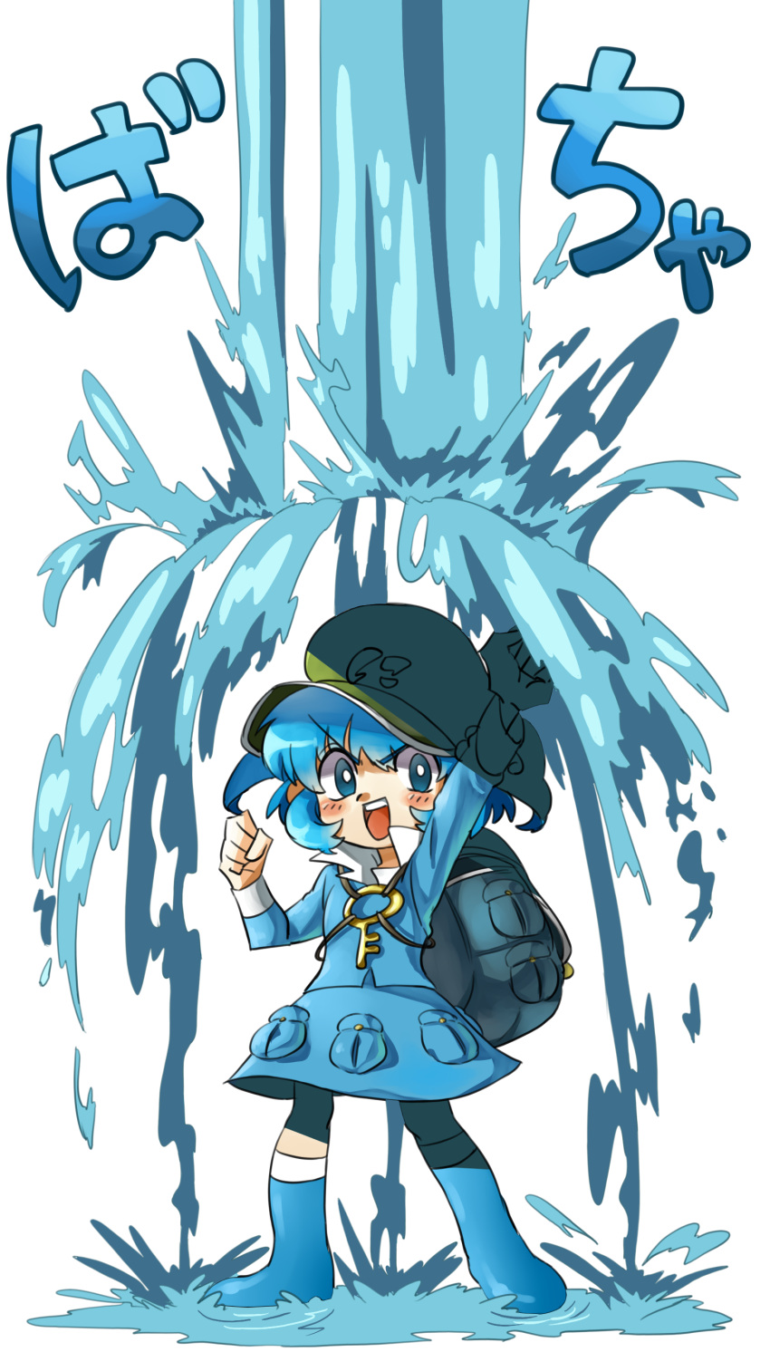 1girl absurdres backpack bag blue_boots blue_eyes blue_hair blush blush_stickers boots clenched_hands dress_shirt hair_bobbles hair_ornament hand_up hat highres kawashiro_nitori looking_at_viewer open_mouth piko_han pocket rubber_boots shirt short_hair short_sleeves skirt skirt_set solo touhou two_side_up water