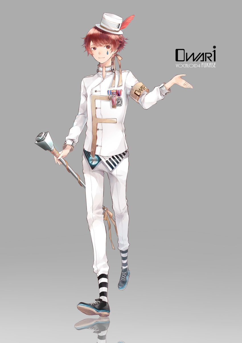 1boy absurdres armband baton character_name facial_mark feathers formal fukase hair_ribbon hat highres medal mini_top_hat minirainy_(h2o2) red_eyes redhead reflection ribbon smile speaker striped striped_legwear suit top_hat vocaloid