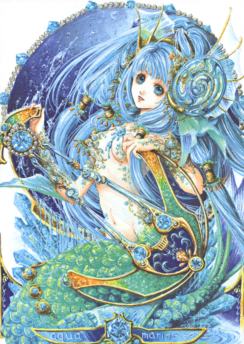 1girl absurdres blue_eyes blue_hair head_fins highres long_hair mermaid monster_girl nao_tsukiji scales smile solo water
