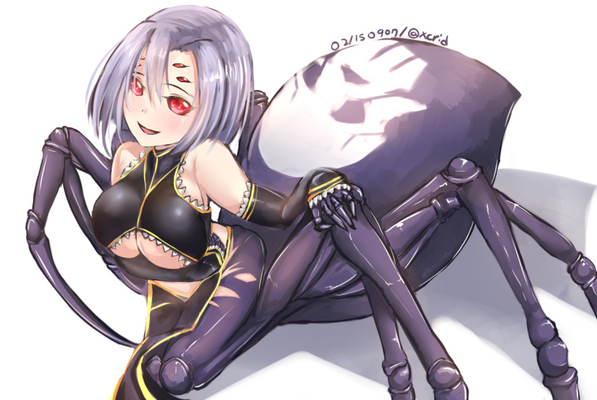 1girl 2015 arachne breasts carapace claws dated detached_sleeves extra_eyes i.f.s.f insect_girl lavender_hair looking_at_viewer monster_girl monster_musume_no_iru_nichijou multiple_legs parted_lips pelvic_curtain rachnera_arachnera red_eyes shadow smile solo spider_girl twitter_username under_boob white_background