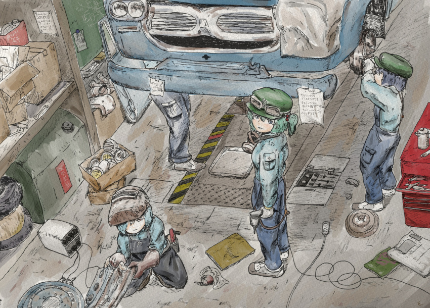 4girls absurdres alternate_costume belt black_hair blue_eyes blue_hair car contemporary dress dress_shirt drill gloves goggles goggles_on_hat green_hair hair_bobbles hair_ornament highres kappa_mob kawashiro_nitori machinery mechanic motor_vehicle multiple_girls overalls pants pocket power_strip shirt shoes short_hair suspenders tool_belt tools touhou traditional_media two_side_up utility_belt vehicle white_gloves