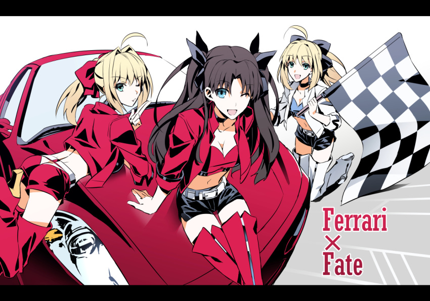 3girls ;d ahoge ass belt black_hair black_short_shorts black_shorts blonde_hair blue_eyes bow breasts checkered checkered_flag eyebrows eyebrows_visible_through_hair eyes fate/extra fate/stay_night fate_(series) ferrari green_eyes hair_bow jacket kon_manatsu legs legs_together midriff multiple_girls navel one_eye_closed one_eye_open open_mouth ponytail racequeen red_thigh_boots red_thighhighs saber saber_extra short_shorts shorts smile thigh-highs thigh_boots thigh_gap thighs tohsaka_rin toosaka_rin two_side_up white_thigh_boots white_thighhighs wink