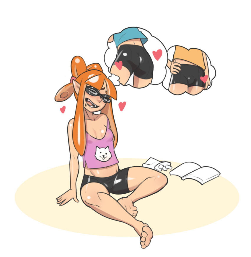 1girl arm_support ass barefoot bike_shorts blush book closed_eyes crotch domino_mask drooling heart inkling john_doe long_hair mask midriff open_book open_mouth pointy_ears sitting smile solo splatoon tank_top thought_bubble