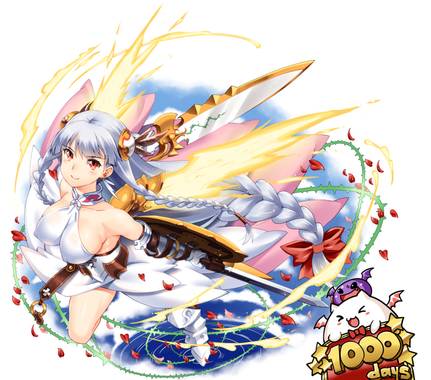 1girl armor bare_shoulders blush braid breasts commentary_request dual_wielding elbow_gloves gloves hair_ornament highres jewelry large_breasts long_hair puzzle_&amp;_dragons red_eyes shinozuka_atsuto silver_hair smile solo sword twin_braids valkyrie valkyrie_(p&amp;d) weapon wings