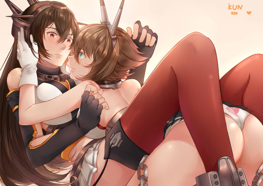 2girls absurdres ass bare_shoulders black_hair breasts brown_hair elbow_gloves gloves green_eyes hairband headgear heart_print highres kantai_collection long_hair multiple_girls mutsu_(kantai_collection) nagato_(kantai_collection) panties red_eyes red_legwear short_hair thigh-highs underwear yorukun yuri