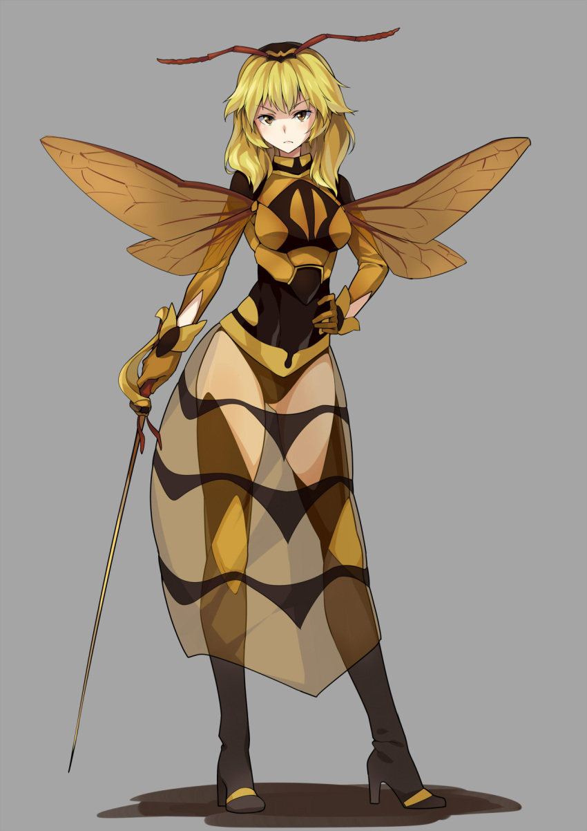 1girl antennae black_boots black_legwear blonde_hair boots frostcyco full_body hand_on_hip highres hornet insect_girl insect_wings long_skirt looking_at_viewer original personification rapier see-through skirt solo standing sword thigh-highs thigh_boots wasp weapon wings yellow_eyes