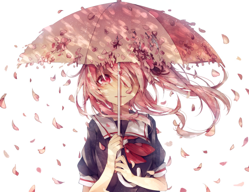 1girl hair_over_one_eye harusame_(kantai_collection) highres kantai_collection long_hair petals pink_eyes pink_hair school_uniform serafuku side_ponytail smile solo sumoffu tears umbrella