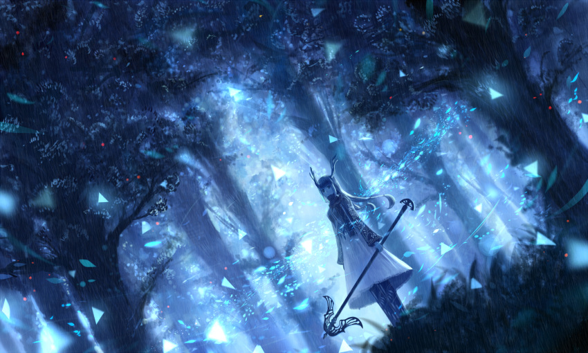 1girl :o antlers blue dress dutch_angle fantasy forest grass highres light_particles long_hair looking_at_viewer nature original sakimori_(hououbds) scenery solo staff tree