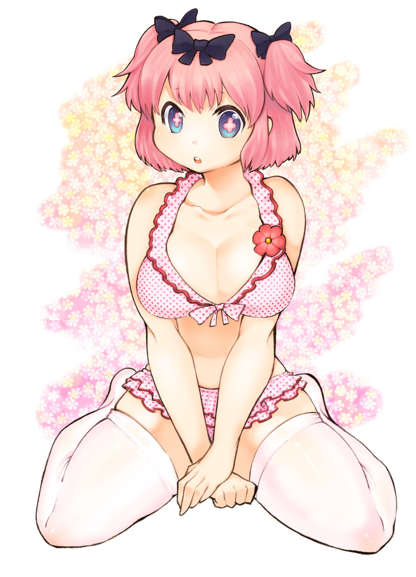 +_+ 1girl between_legs bikini blue_eyes bow breasts cleavage commentary_request frilled_bikini frills hair_bow hand_between_legs hibari_(senran_kagura) highres large_breasts looking_at_viewer me-min open_mouth pink_hair polka_dot polka_dot_bikini polka_dot_swimsuit senran_kagura senran_kagura_(series) short_hair short_twintails sitting skindentation solo swimsuit symbol-shaped_pupils thigh-highs twintails v_arms wariza white_legwear