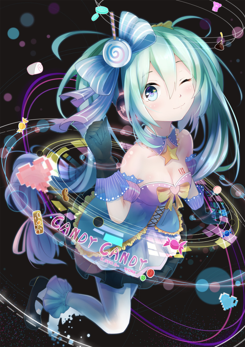 1girl ahoge anklet aqua_hair arm_up black_background blue_eyes blush bow breasts candy candy_candy_(song) chocolate circle cleavage collar copyright_name corset detached_sleeves digital_dissolve dress frills gloves gummy_bear hair_bow hair_ribbon hatsune_miku headphones heart highres jewelry jumping k.syo.e+ layered_dress lollipop long_hair low-tied_long_hair marshmallow mary_janes one_eye_closed outstretched_arm puffy_detached_sleeves puffy_sleeves ribbon shoes signature smile solo star swirl_lollipop tattoo tattooed_breast thigh-highs twintails very_long_hair vocaloid