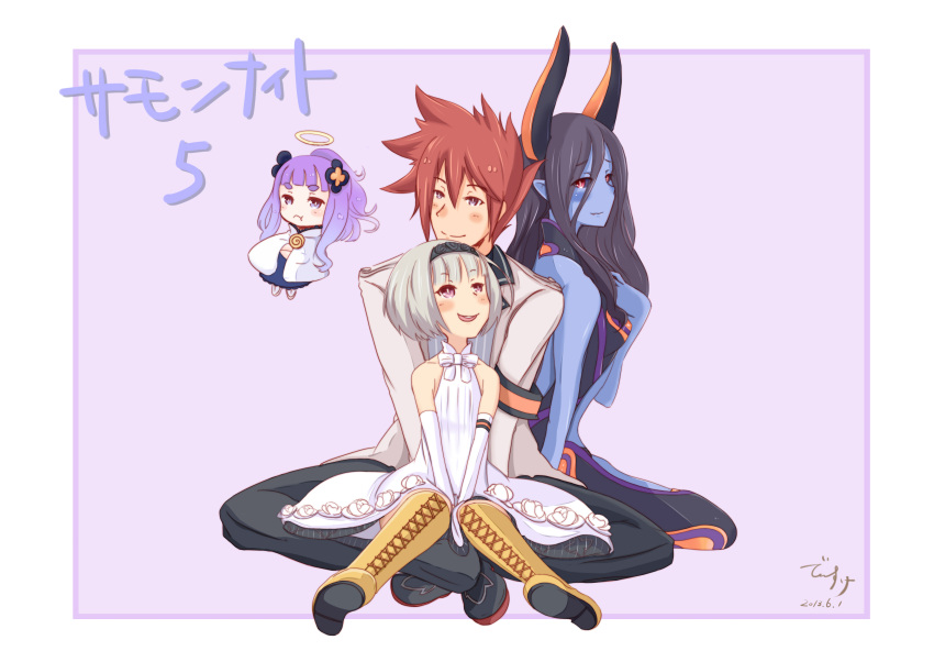 1boy 3girls absurdres bare_shoulders blue_skin blush boots butterfly_sitting chibi dress fang flootier folth halo highres horns looking_at_another looking_back multiple_girls pout purple_hair red_eyes sheeda short_hair sitting sitting_on_lap sitting_on_person smile spinel_(summon_night) summon_night summon_night_5 v_arms violet_eyes white_dress