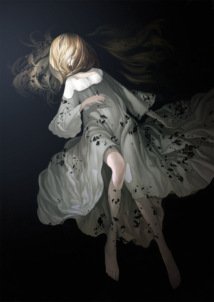 1girl barefoot blonde_hair blood bloody_hair commentary_request corpse darkness dress highres long_hair long_sleeves original partially_submerged solo suzki00 very_long_hair water white_dress wide_sleeves