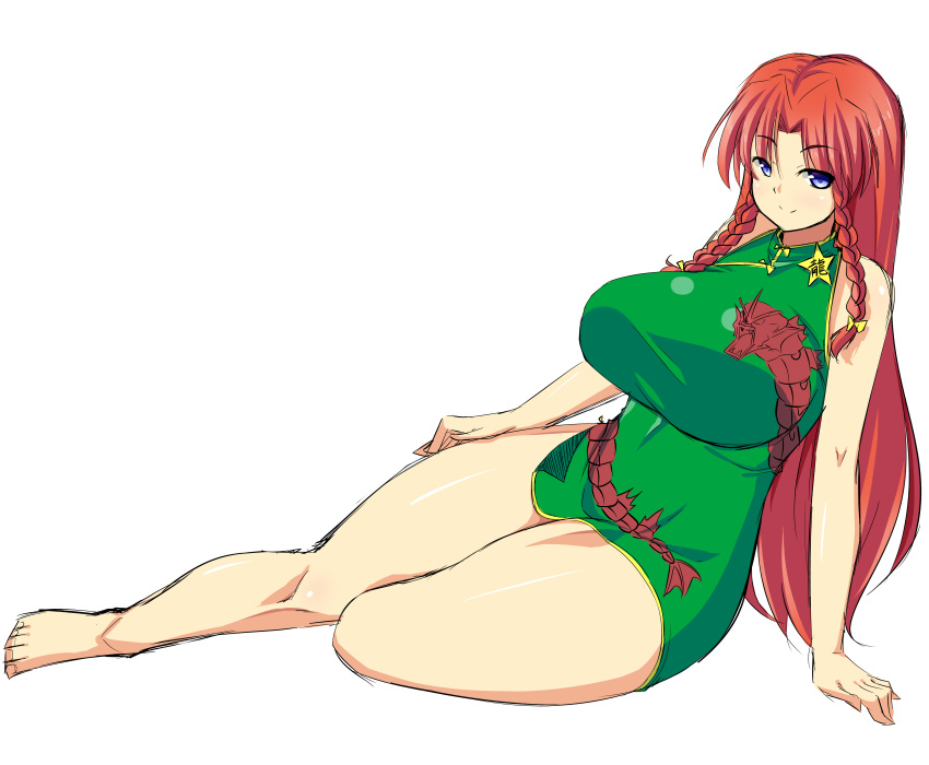 1girl absurdres arm_support barefoot blue_eyes blush braid breasts china_dress chinese_clothes commentary_request curvy gyarados highres hong_meiling huge_breasts legs long_hair looking_at_viewer mokkori9 orange_hair pokemon simple_background sitting sketch smile solo star thick_thighs thighs touhou twin_braids very_long_hair white_background