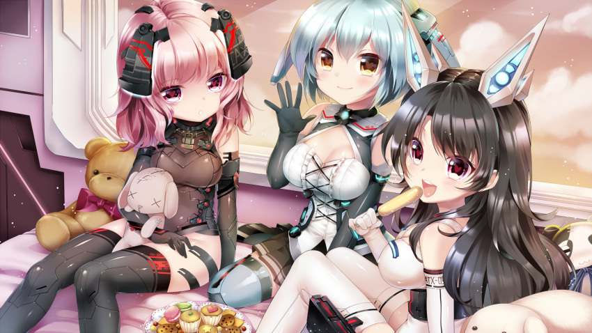 3girls black_hair breasts brown_eyes cookie cupcake elbow_gloves food gloves headgear heart heart-shaped_pupils highres indoors long_hair looking_at_viewer macaron multiple_girls mvv pink_hair popsicle red_eyes silver_hair skin_tight stuffed_animal stuffed_toy symbol-shaped_pupils teddy_bear thigh-highs