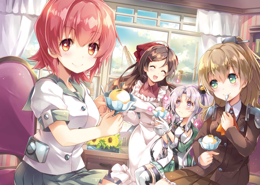 4girls :d ^_^ absurdres ahoge akitsushima_(kantai_collection) anchor ayuya_naka_no_hito blush book bookshelf bow breasts brown_hair chair closed_eyes clouds crane curtains earrings flower food garters gloves green_eyes hair_bow hair_ornament hair_ribbon hairclip hat highres ice_cream jacket jewelry kantai_collection kappougi kinu_(kantai_collection) kumano_(kantai_collection) large_breasts long_hair long_sleeves looking_at_viewer looking_to_the_side mamiya_(kantai_collection) military military_uniform mini_hat miniskirt multiple_girls open_mouth pleated_skirt ponytail purple_hair red_eyes redhead ribbon school_uniform serafuku short_hair short_sleeves side_ponytail sitting skirt sky smile sparkle spoon spoon_in_mouth sunflower thigh-highs uniform violet_eyes white_gloves white_legwear window zettai_ryouiki