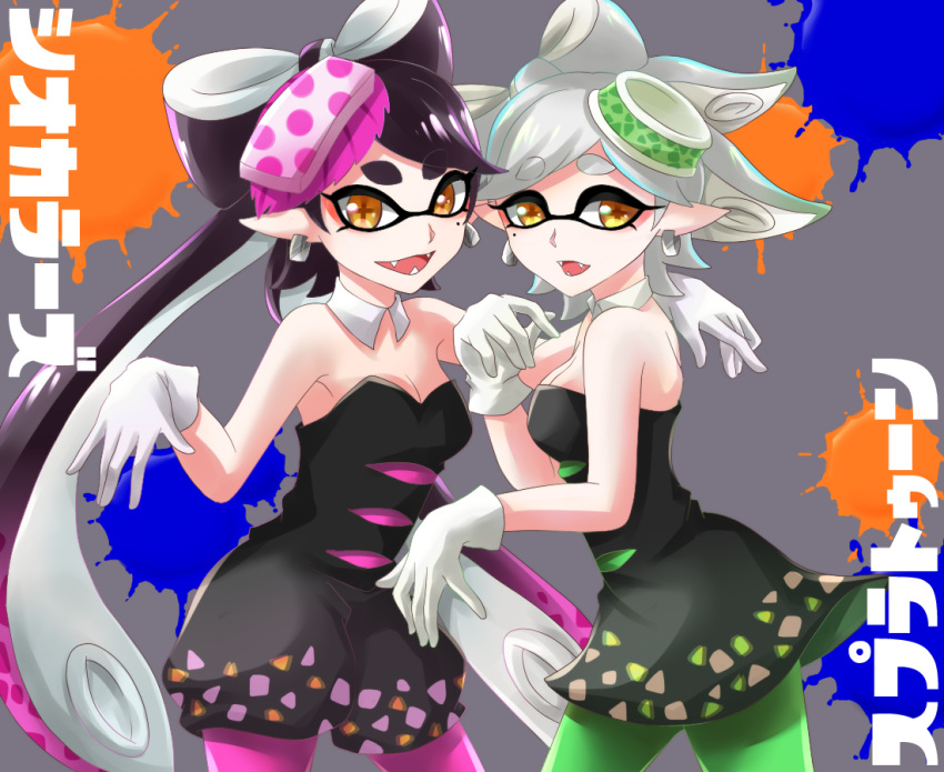 +_+ 2girls aori_(splatoon) black_dress black_hair brown_eyes commentary detached_collar dress earrings fangs food food_on_head gloves hand_on_another's_shoulder hotaru_(splatoon) jewelry long_hair looking_at_viewer mask mole mole_under_eye multiple_girls object_on_head open_mouth paint_splatter pantyhose pointy_ears shippoko short_hair short_jumpsuit smile splatoon standing strapless strapless_dress tentacle_hair translated white_gloves white_hair