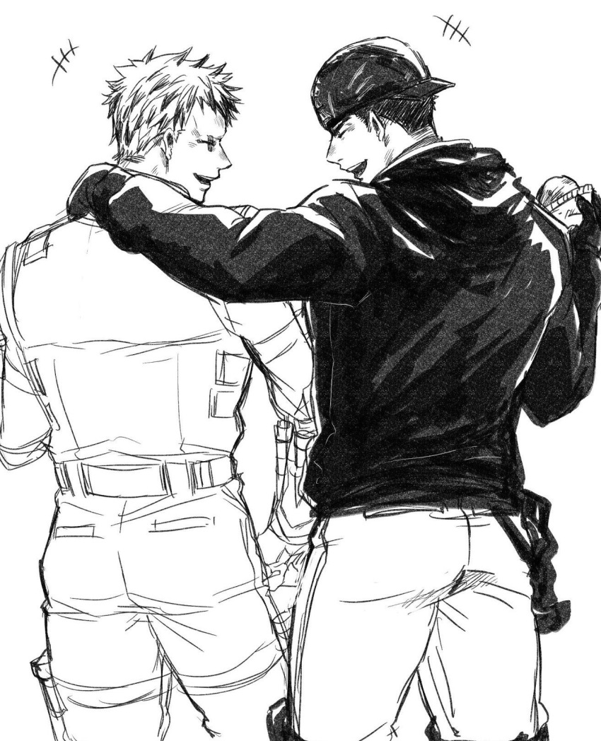 2boys aikawa_(dorohedoro) ass backwards_hat blush chikuwa_(trtrtkb) dorohedoro facing_another feet_out_of_frame from_behind greyscale hand_on_another's_neck hat highres hood hood_down male_focus monochrome multiple_boys risu_(dorohedoro) short_hair sideburns smile thick_thighs thighs unfinished