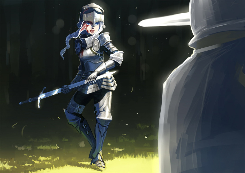 1girl armor blood blood_on_face blue_eyes braid commentary erica_(naze1940) full_armor gauntlets helmet holding_sword holding_weapon knight open_mouth original out_of_frame sword teeth tongue tongue_out weapon white_hair