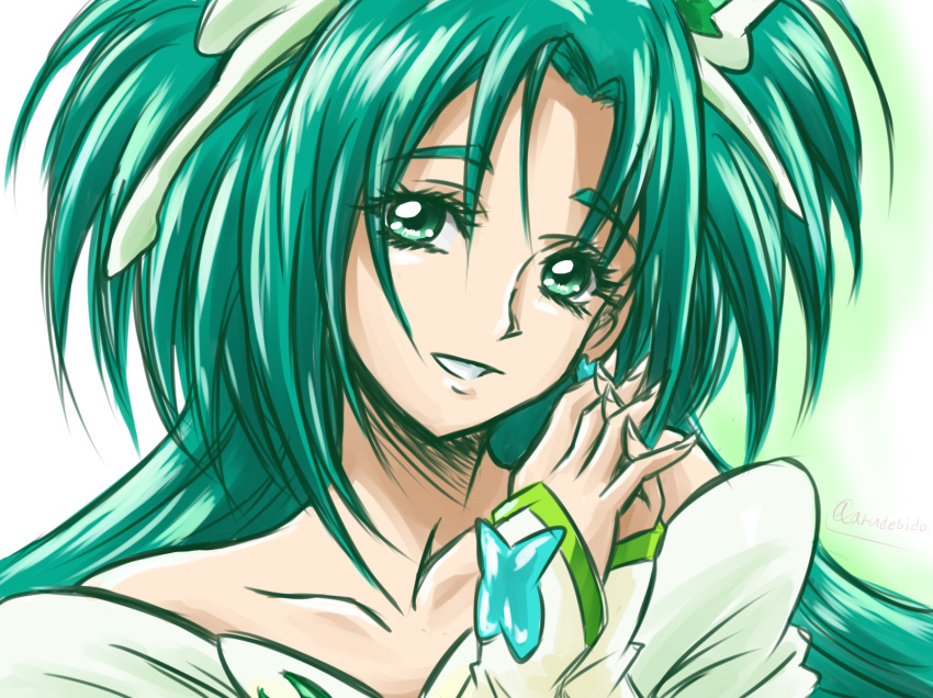 1girl akimoto_komachi arm_warmers arudebido bare_shoulders cure_mint dress earrings eyelashes fingerless_gloves gloves green_eyes green_hair hair_ornament happy jewelry long_hair looking_at_viewer magical_girl precure sketch smile solo yes!_precure_5