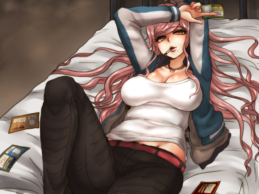 1girl antenna_hair bed belt between_fingers black_pants breasts brown_eyes cigarette cleavage collarbone dangan_ronpa groin hagakure_hiroko jacket jewelry large_breasts lips long_hair long_sleeves lying necklace on_back on_bed open_clothes open_jacket open_mouth pants pink_hair ringed_eyes shirt siroringo solo taut_clothes taut_shirt track_jacket white_shirt zettai_zetsubou_shoujo