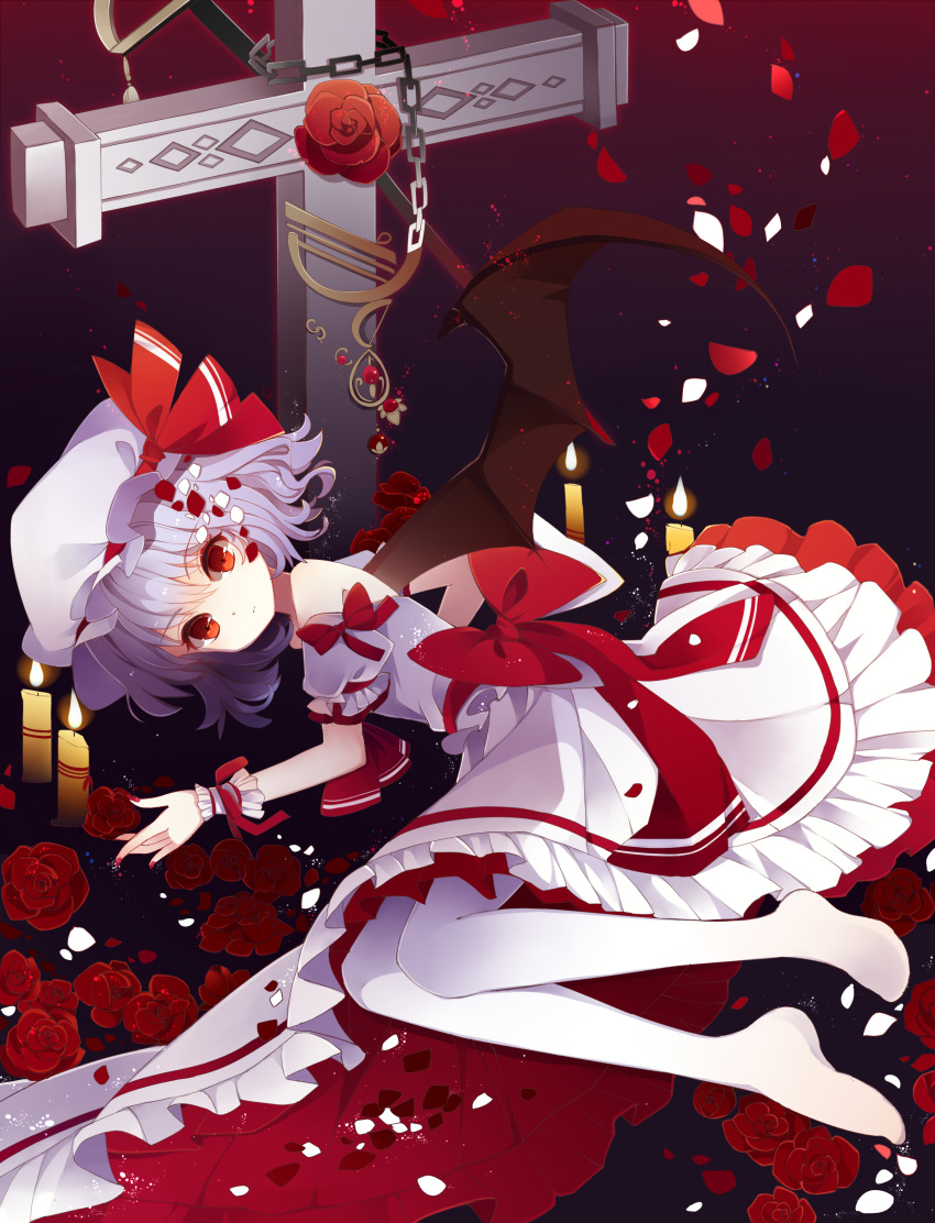 1girl absurdres baocaizi bare_shoulders bat_wings candle chain cross dress flower frills full_body hat hat_ribbon highres lavender_hair looking_at_viewer lying mob_cap on_side pantyhose petals red_eyes remilia_scarlet ribbon rose sash short_hair solo touhou white_legwear wings wrist_cuffs