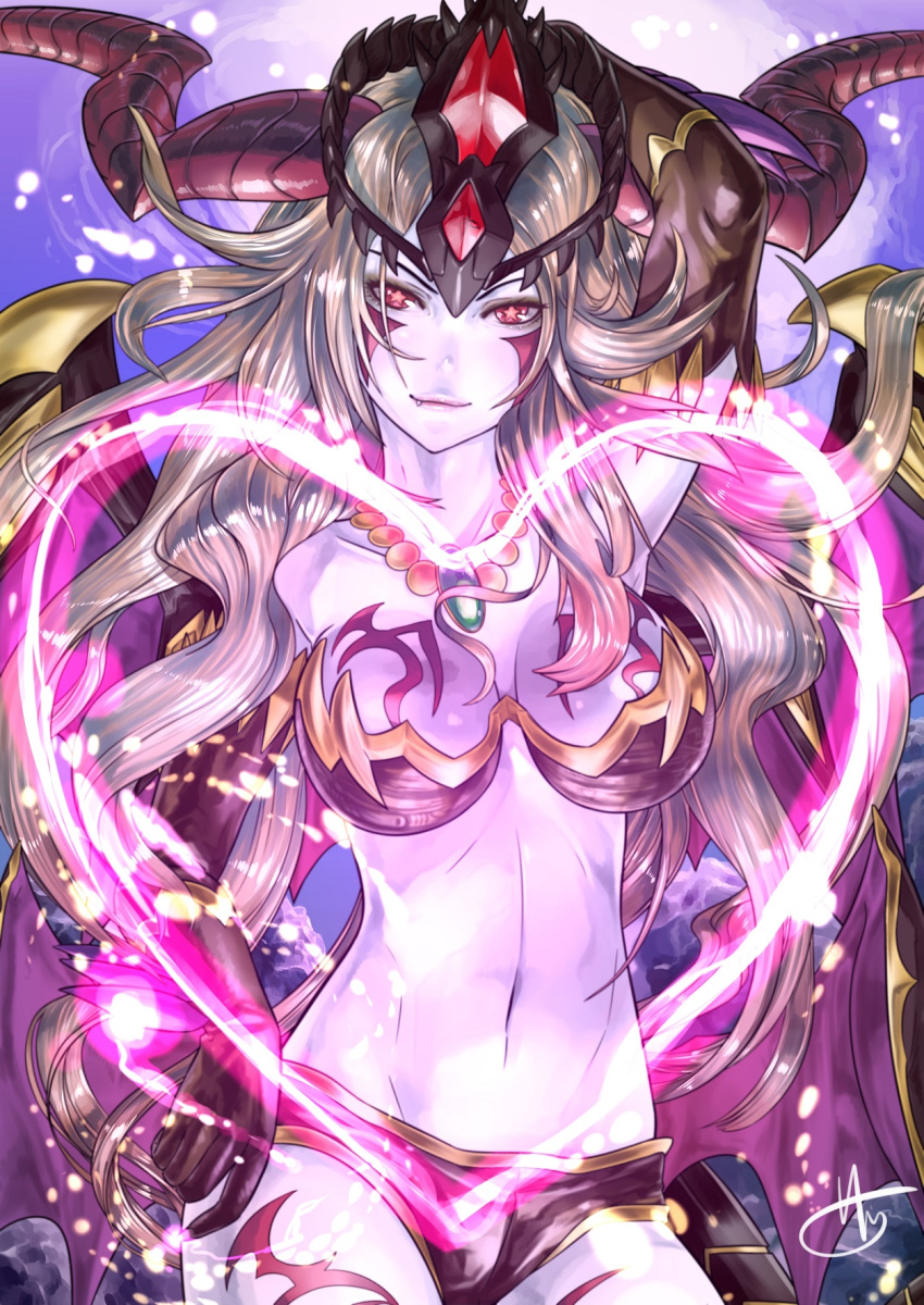 1girl black_gloves breasts cleavage demon_girl demon_horns elbow_gloves facial_mark fang gloves hair_ornament hera_(p&amp;d) highres horns jewelry kei_(keiclear) light_brown_hair long_hair looking_at_viewer magic midriff navel necklace pointy_ears purple_skin puzzle_&amp;_dragons raised_hand red_eyes signature smile solo star star-shaped_pupils symbol-shaped_pupils tattoo wings