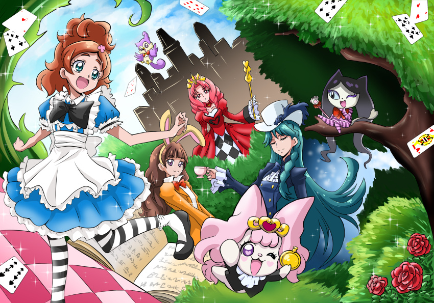 4girls akagi_towa alice_(wonderland) alice_(wonderland)_(cosplay) alice_in_wonderland amanogawa_kirara animal_ears aroma_(go!_princess_precure) arudebido blue_dress blue_eyes blue_hair book bowtie brown_hair card closed_eyes cosplay crossover dress eyelashes formal go!_princess_precure happy haruno_haruka hat highres kaidou_minami long_hair looking_at_another miss_siamour multiple_girls open_mouth playing_card precure puff_(go!_princess_precure) puffy_sleeves queen_of_hearts queen_of_hearts_(cosplay) rabbit_ears red_dress red_eyes redhead ribbon short_hair shut_(go!_princess_precure) shut_(go!_princess_precure)_(cosplay) smile striped striped_legwear suit tagme top_hat violet_eyes