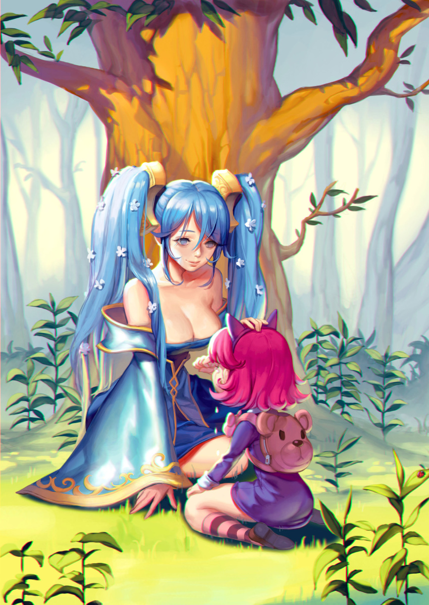 2girls absurdres animal_ears annie_hastur ask_(dreaming_cat) back backpack bag bangs bare_shoulders blue_eyes blue_hair breasts cleavage closed_mouth comforting fake_animal_ears flower grass hair_flower hair_ornament hand_on_another's_head highres ladybug large_breasts league_of_legends long_hair looking_at_another multiple_girls pink_hair short_hair sitting smile socks sona_buvelle striped striped_legwear stuffed_animal stuffed_toy tears teddy_bear tree twintails very_long_hair wariza wide_sleeves