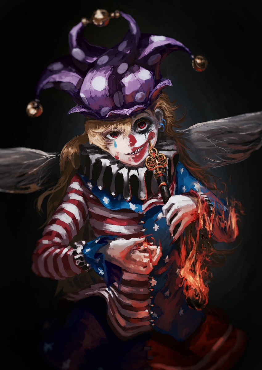 1girl american_flag_shirt black_background blonde_hair blurry clownpiece ear_piercing earrings evil_grin evil_smile facepaint fairy_wings fingernails fire grin hat highres jester_cap jewelry kaatoso long_fingernails long_hair long_sleeves looking_at_viewer nail_polish piercing red_eyes sharp_teeth smile solo star striped touhou wings