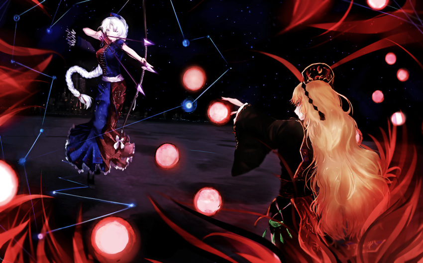 2girls aerial_battle aiming arm_ribbon arrow battle black_dress black_shoes blonde_hair blue_dress blue_eyes bow bow_(weapon) braid breasts chinese_clothes city cityscape commentary_request constellation danmaku dress dyolf hair_ornament hat junko_(touhou) long_hair long_sleeves looking_at_another multicolored_dress multiple_girls nurse_cap obi open_hand outstretched_arm red_dress red_eyes ribbon sash shirt shoes silver_hair single_braid skirt space star_(sky) tabard touhou trigram very_long_hair weapon wide_sleeves yagokoro_eirin