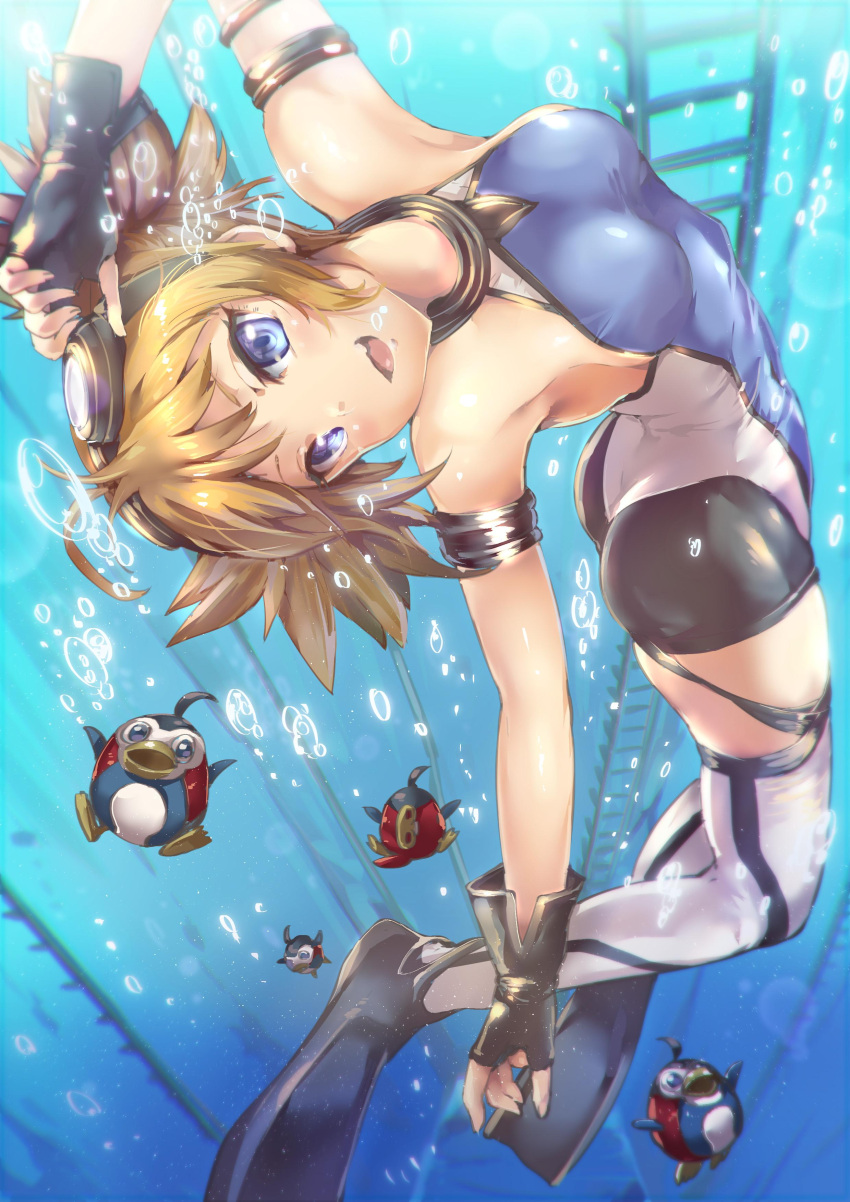 1girl :d absurdres armadillo-tokage ass black_gloves blonde_hair blue_eyes breasts covered_navel fingerless_gloves flippers gloves goggles goggles_on_head granblue_fantasy highres looking_at_viewer open_mouth pengi_(granblue_fantasy) short_twintails skin_tight smile solo thigh-highs twintails underwater