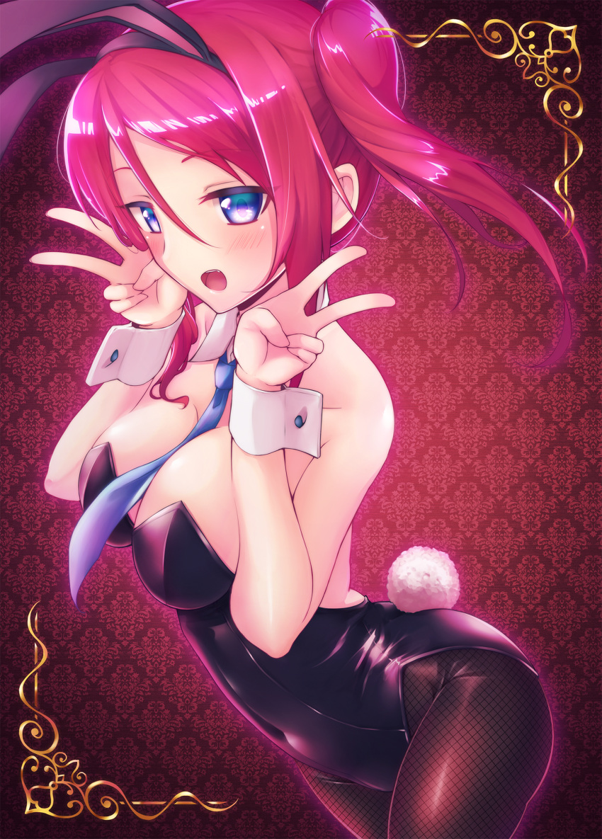 1girl :o animal_ears bare_arms bare_shoulders between_breasts blush breasts bunny_girl bunny_tail bunnysuit cleavage corset double_v fake_animal_ears fal fishnet_pantyhose fishnets highres long_hair necktie open_mouth original pantyhose pink_hair rabbit_ears solo tail v wrist_cuffs