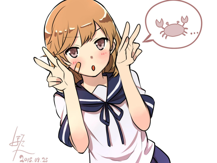 1girl 2015 :o animal baffu bandaid bandaid_on_face blush brown_eyes commentary_request crab crustacean dated highres kantai_collection light_brown_hair looking_at_viewer oboro_(kantai_collection) school_uniform serafuku short_hair signature simple_background solo speech_bubble white_background