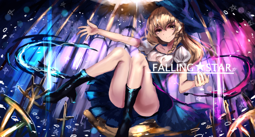 1girl ass bare_legs black_dress blonde_hair boots braid convenient_leg dress english hat high_heel_boots high_heels kirisame_marisa looking_at_viewer outstretched_arm puffy_short_sleeves puffy_sleeves rinaka_moruchi shirt short_sleeves single_braid smile solo star touhou upskirt witch_hat yellow_eyes