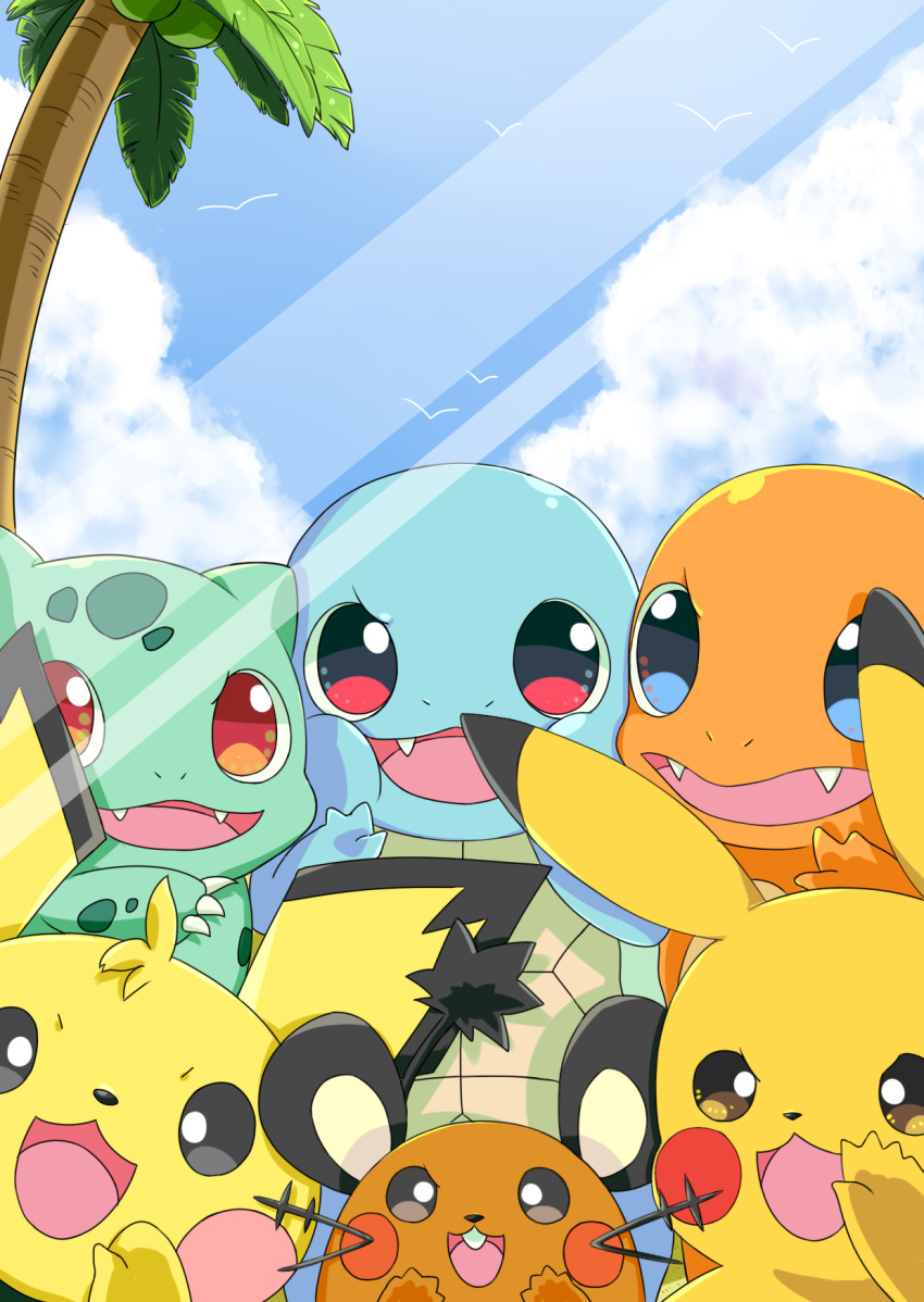 >:d :d antennae bird black_eyes blue_eyes buck_teeth bulbasaur charmander claws dedenne fangs highres no_humans open_mouth palm_tree pichu pikachu pokemon pokemon_(creature) red_eyes seagull serika_sakamoto smile squirtle tree window yellow_eyes