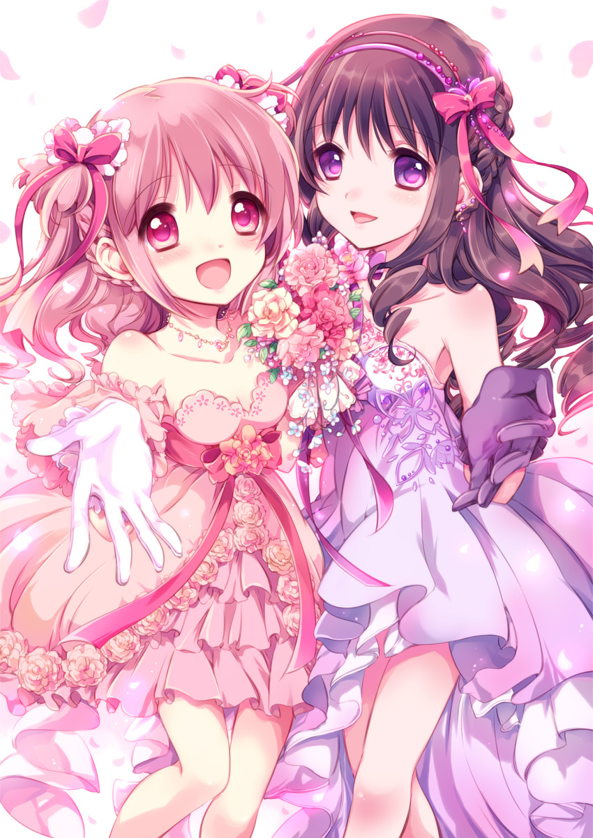 2girls akemi_homura alternate_costume alternate_hairstyle bare_shoulders black_hair blush bouquet bow braid dress earrings flower gloves hair_ribbon hairband highres jewelry kaname_madoka lipstick long_hair looking_at_viewer mahou_shoujo_madoka_magica makeup multiple_girls necklace outstretched_hand petals pink_dress pink_eyes pink_hair purple_dress red_eyes ribbon sleeveless sleeveless_dress smile twintails violet_eyes white_gloves yamada_ako