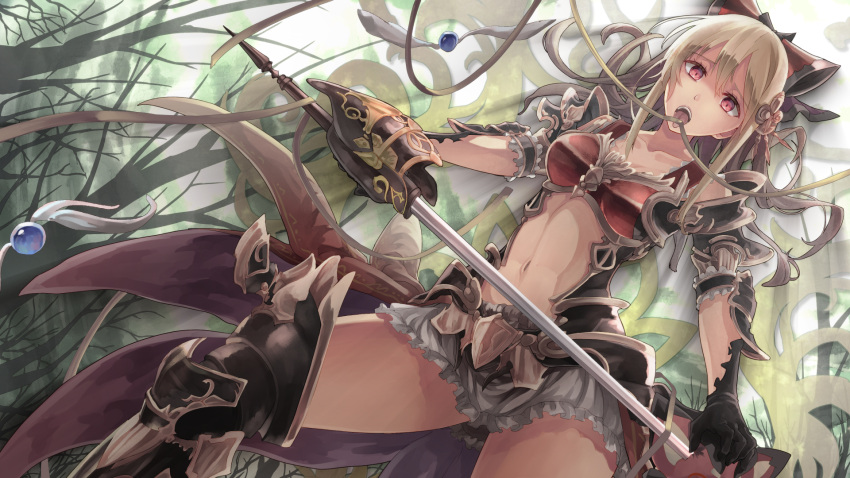 1girl armor black_gloves blonde_hair bow breasts cape forest gloves granblue_fantasy highres nature navel open_mouth red_eyes ribbon saraki shoulder_armor skirt solo sword thigh-highs thighs tongue tongue_out vila weapon
