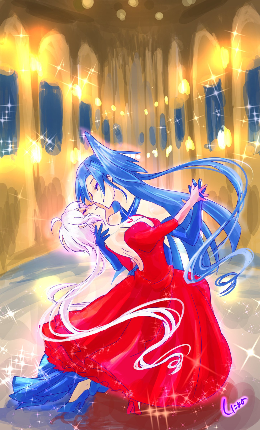 2girls absurdres back_cutout ballroom bare_shoulders blue_dress blue_gloves blue_hair breasts cleavage closed_eyes collarbone cowboy_shot dancing dress elbow_gloves gloves half-closed_eyes hand_on_another's_neck high_heels highres incipient_kiss interlocked_fingers jewelry juliet_sleeves kazanari_tsubasa light long_hair long_sleeves looking_at_another low-tied_long_hair low_neckline multiple_girls necklace parted_lips pendant puffy_sleeves red_dress red_gloves see-through senki_zesshou_symphogear side_ponytail signature sparkle very_long_hair white_hair window yukine_chris yuri