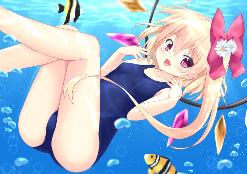 1girl blonde_hair blush bow clownfish fang fish flandre_scarlet hair_bow hakuto_(28syuku) highres one-piece_swimsuit red_eyes school_swimsuit solo swimsuit touhou underwear underwear_only
