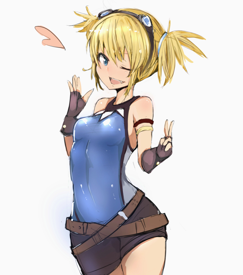 1girl ;d black_gloves blonde_hair blue_eyes fang fingerless_gloves gloves goggles goggles_on_head granblue_fantasy highres muoto one_eye_closed open_mouth pengi_(granblue_fantasy) short_hair sketch smile solo twintails v