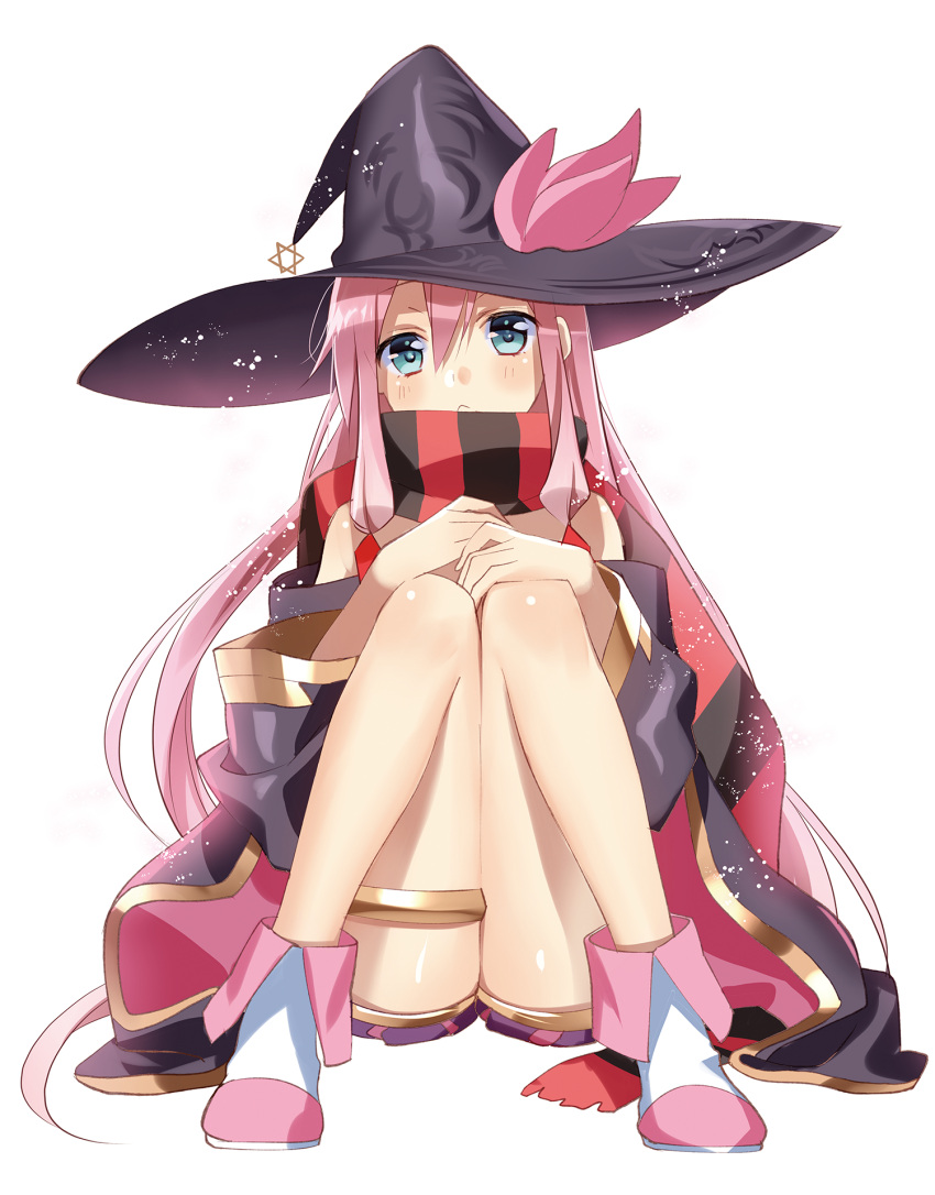 1girl asukai_mao bare_shoulders blue_eyes cape hat highres legs long_hair looking_at_viewer murakami_yuichi off_shoulder official_art pink_hair scarf sitting solo thigh_strap unsimulated_incubator witch_hat