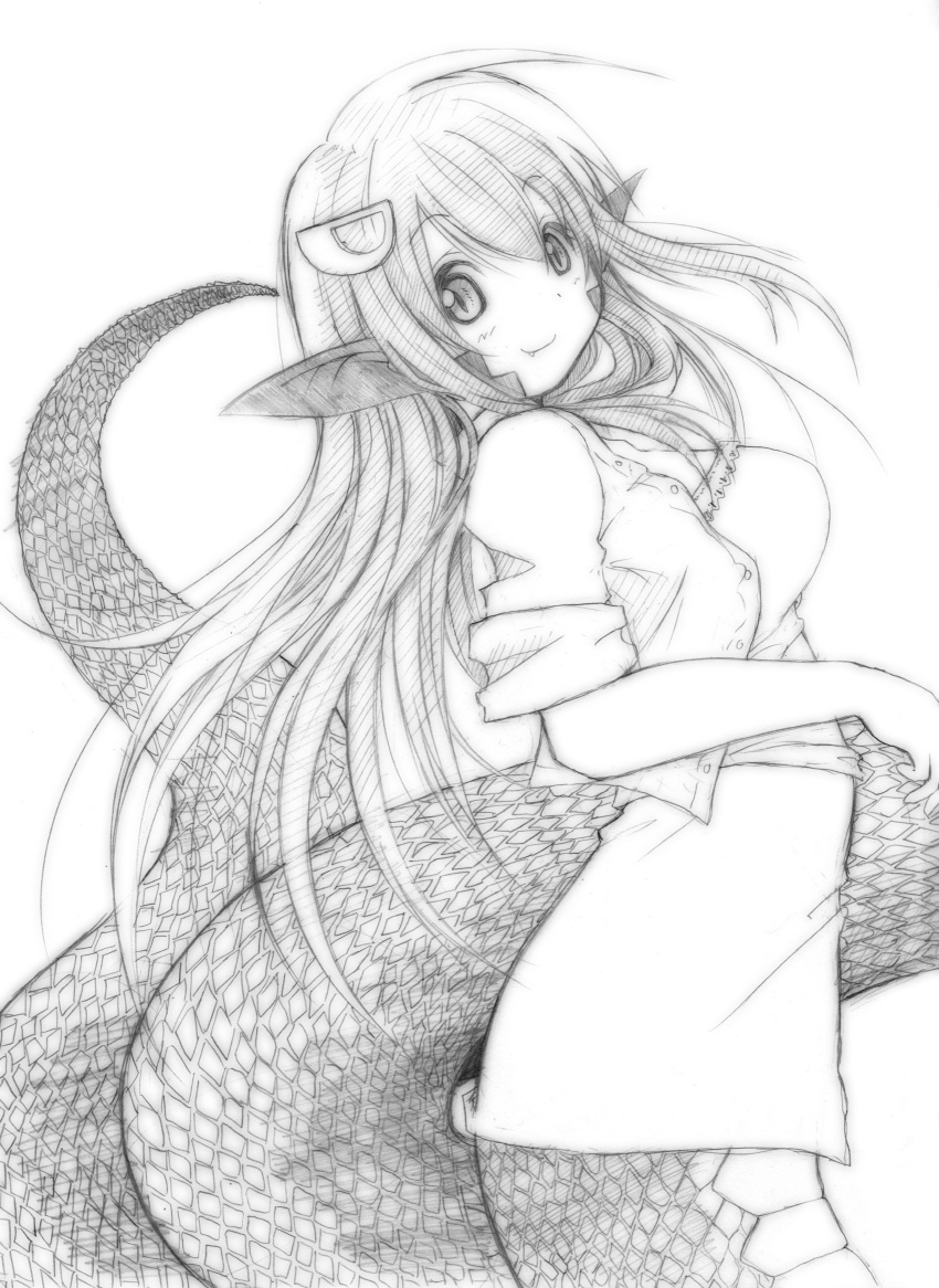 1girl absurdres artist_request breasts chicken99 fang hair_ornament hairclip highres lamia miia_(monster_musume) monochrome monster_girl monster_musume_no_iru_nichijou pointy_ears scales slit_pupils smile solo traditional_media