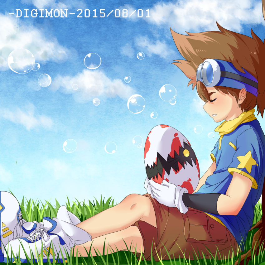 1boy blue_sky brown_hair bubble cargo_shorts clouds copyright_name crossed_legs dated digimon digimon_adventure_tri. egg from_side gloves goggles goggles_on_head grass highres serika_sakamoto shoes shorts sitting sky sleeping sneakers white_gloves yagami_taichi