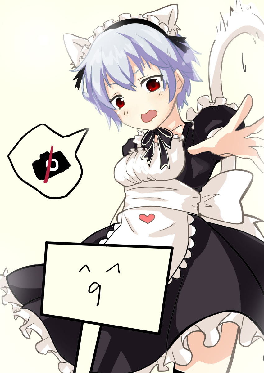 1girl ^_^ absurdres animal_ears apron blue_hair camera cat_ears cat_girl closed_eyes highres looking_at_viewer maid maid_apron maid_headdress nekoyama_(id3426540) open_mouth original outstretched_hand red_eyes short_hair sign solo speech_bubble tail
