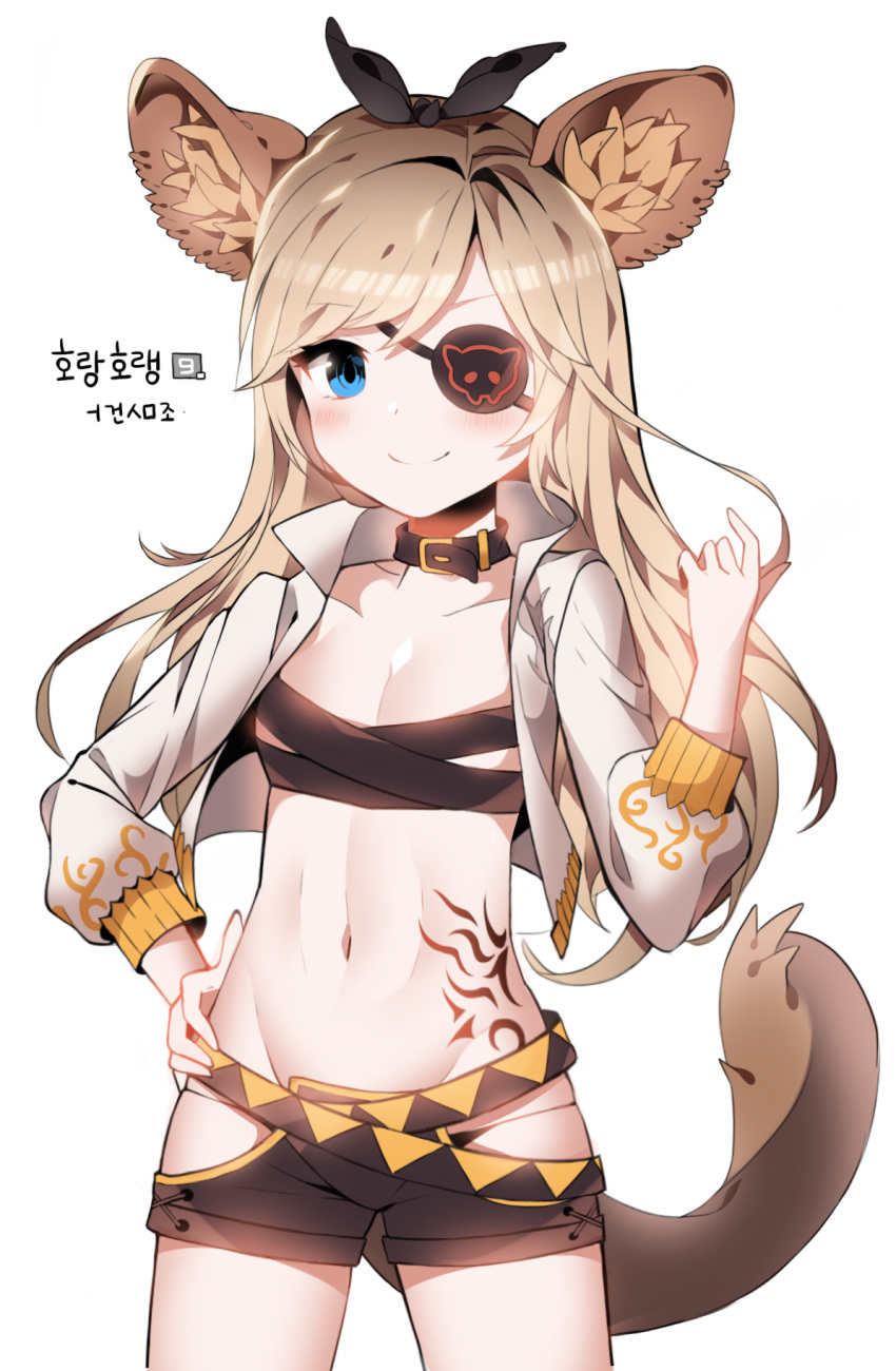 1girl animal_ears belt blade_&amp;_soul blue_eyes bow brown_hair collar cropped_jacket eyepatch flat_chest groin hand_on_hip highres jacket korean long_hair lyn_(blade_&amp;_soul) navel panties ribbon short_shorts shorts simple_background smile solo tail tattoo text tiger_ears underwear white_background
